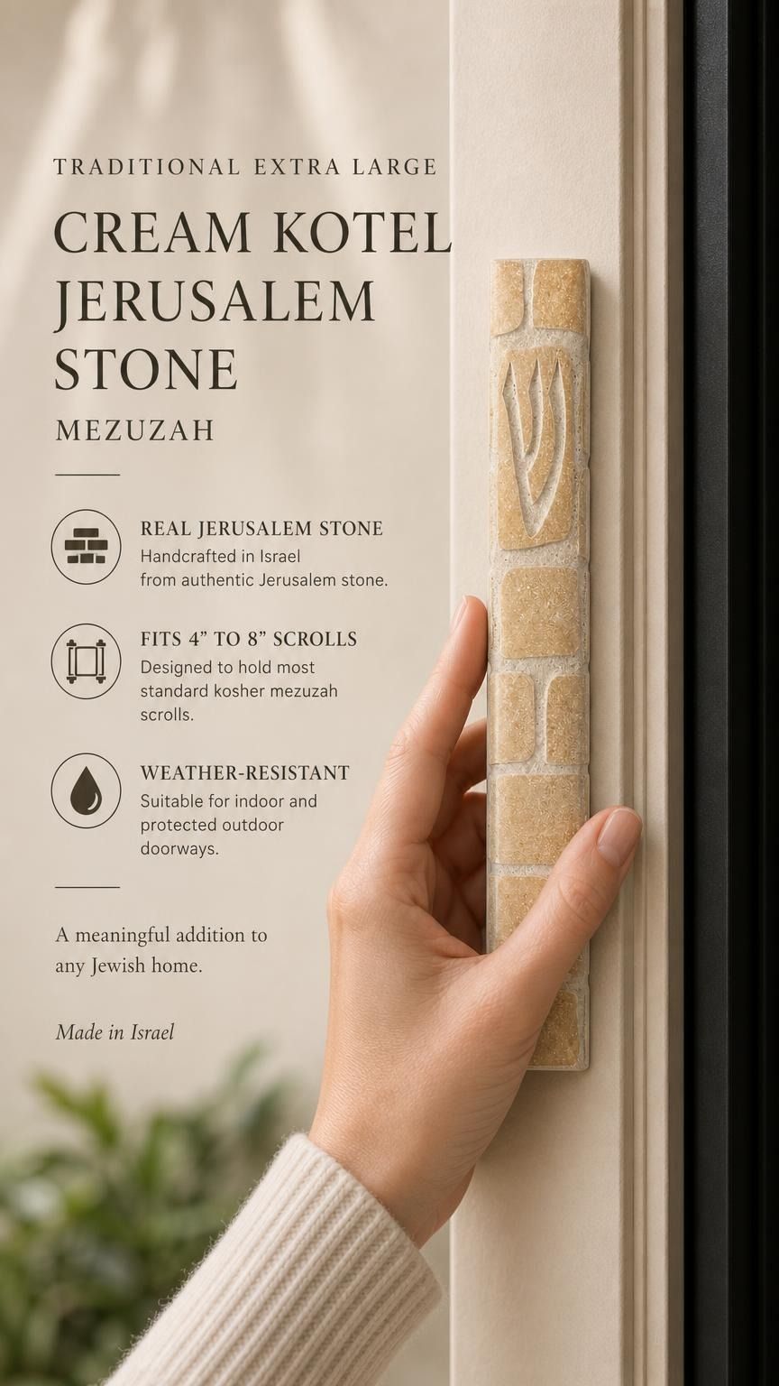Close-up of the undecorated cream Jerusalem stone mezuzah showing natural fossil flecking.