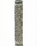 Traditional mosaic Magen David pewter mezuzah case with raised star patterns and a Shin symbol.