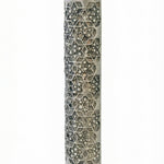 Ornate pewter mezuzah with detailed Magen David design and decorative textured surface, mounted on a neutral white background with subtle reflection.