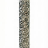 Ornate pewter mezuzah with detailed Magen David design and decorative textured surface, mounted on a neutral white background with subtle reflection.