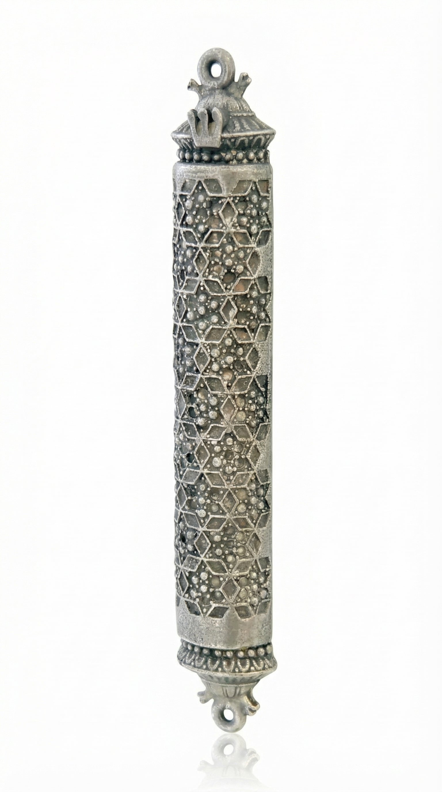 Traditional mosaic Magen David pewter mezuzah case with raised star patterns and a Shin symbol.