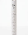 Scripted Shema white acrylic mezuzah case on a white background with raised Hebrew text, a silver Shin and Torah scroll emblem, and top and bottom mounting recesses
