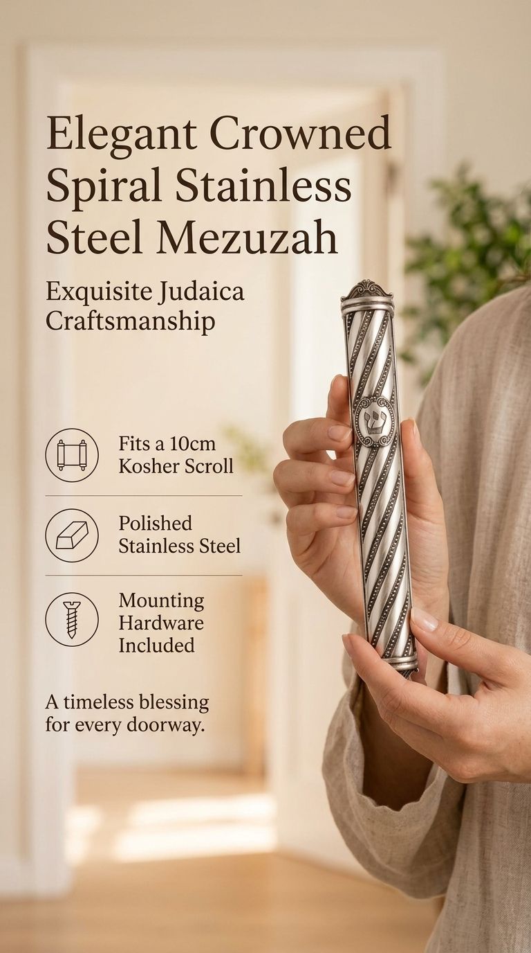 A hand displays an ornate silver-toned stainless steel mezuzah case with spiral bands and decorative end caps.