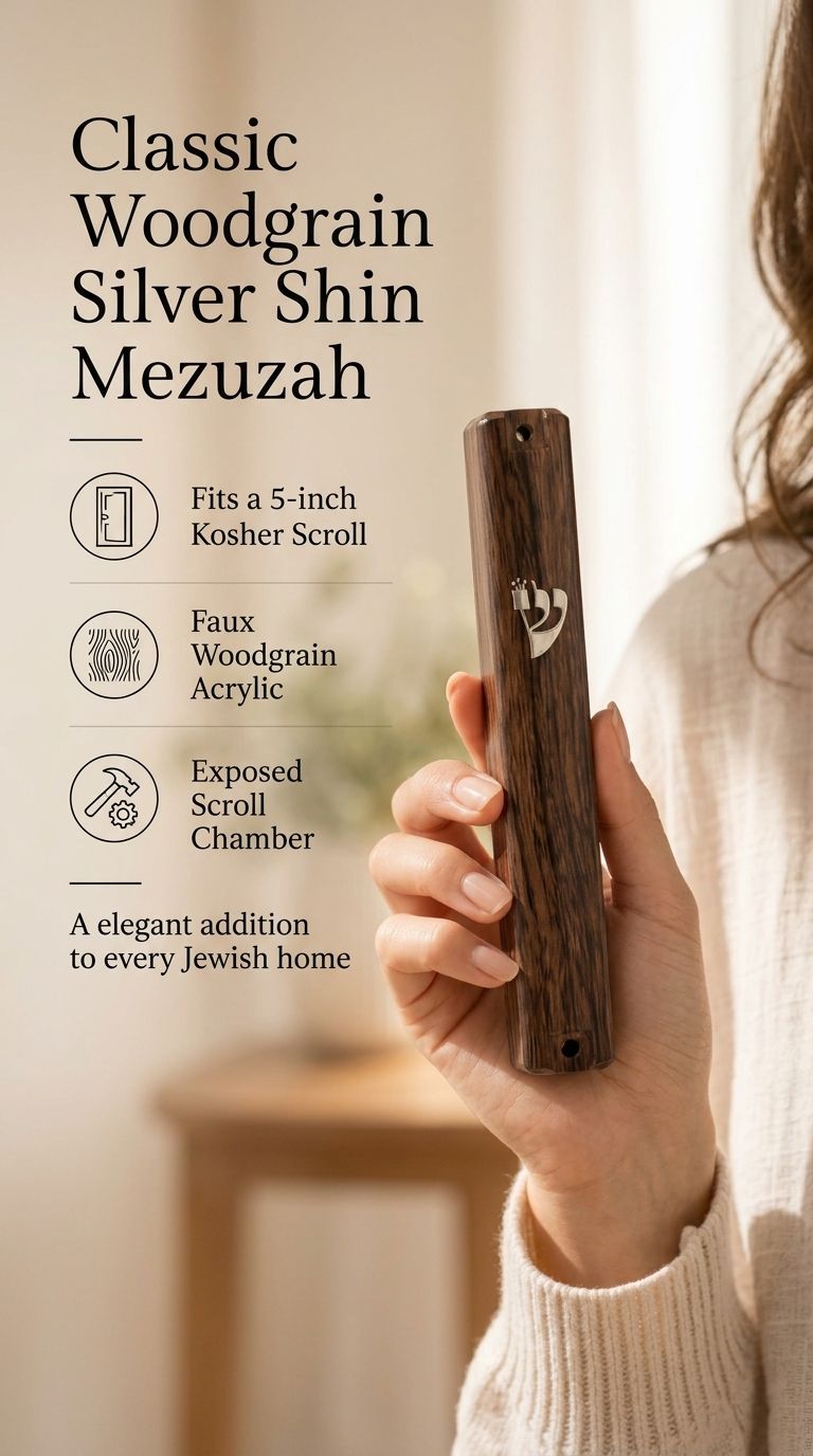 Hand holding a traditional woodgrain acrylic mezuzah case featuring a silver Hebrew Shin in a warm, minimalist space.