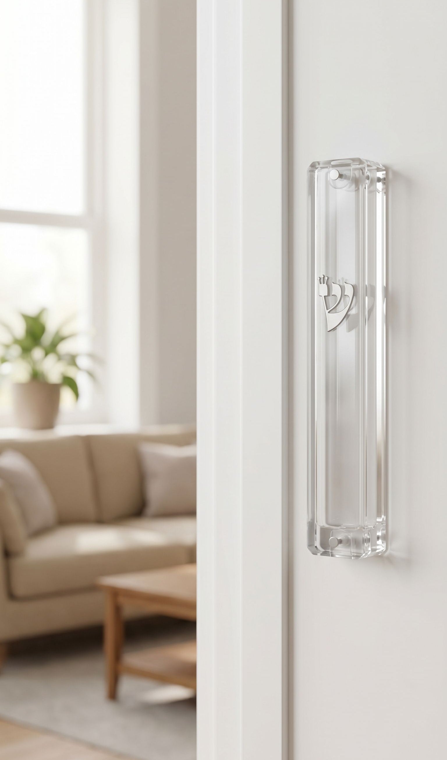 Modern clear Lucite mezuzah case with silver Shin, mounted inside a stylish doorway handle on a clean doorframe.