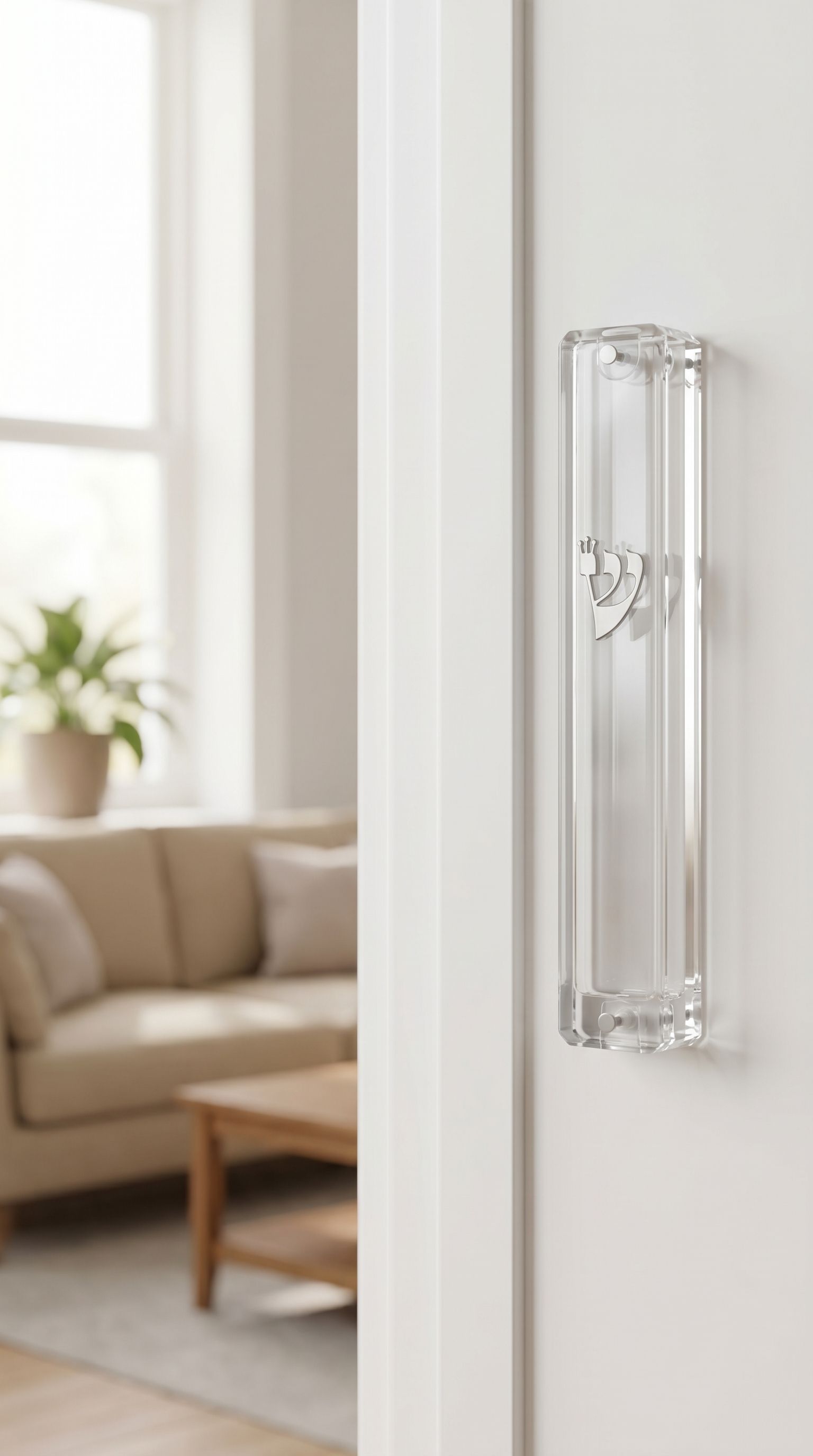 Modern clear Lucite mezuzah case with silver Shin, mounted inside a stylish doorway handle on a clean doorframe.