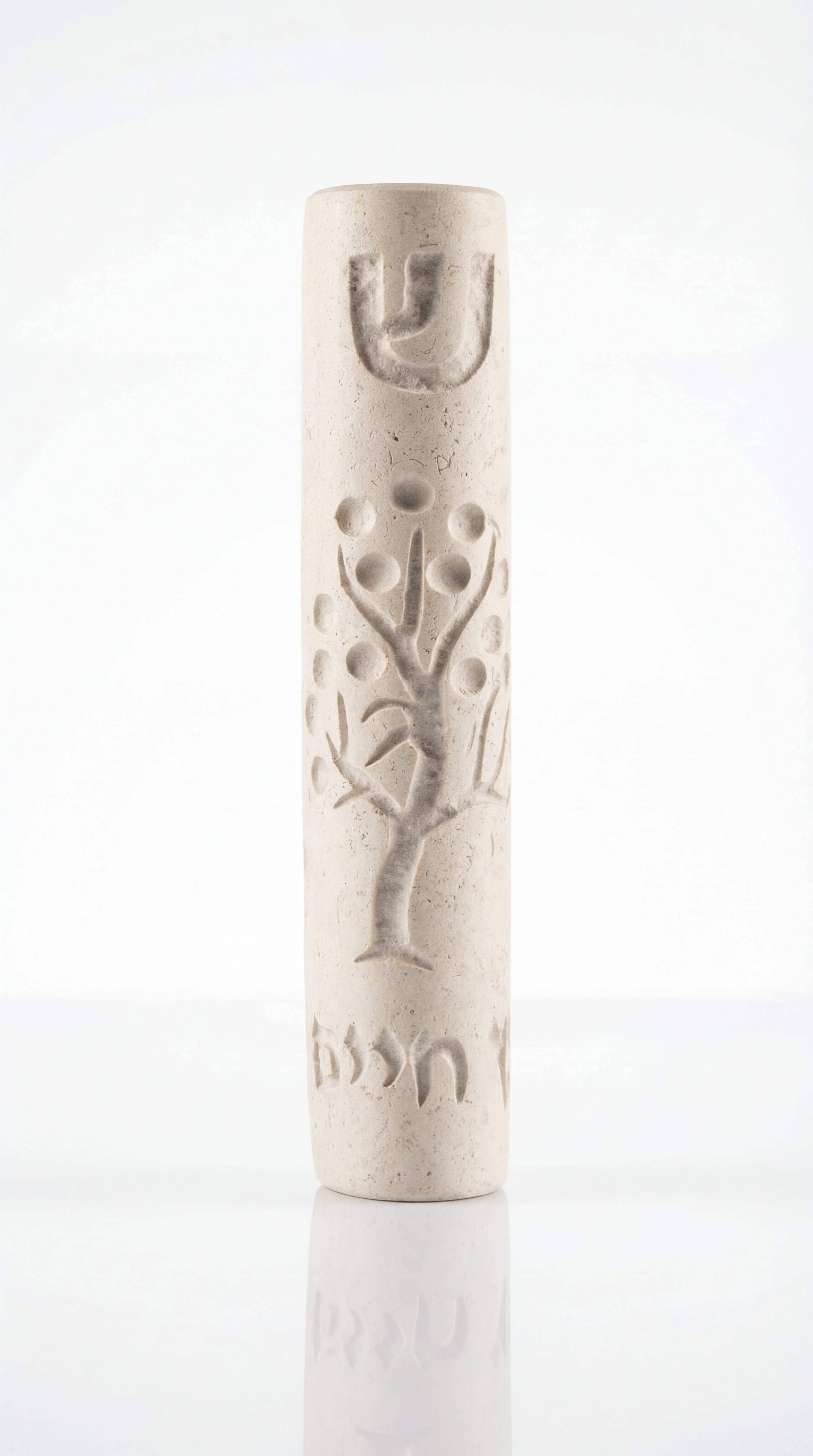 Close-up of elegant cream Tree of Life Mezuzah showcasing detailed craftsmanship
