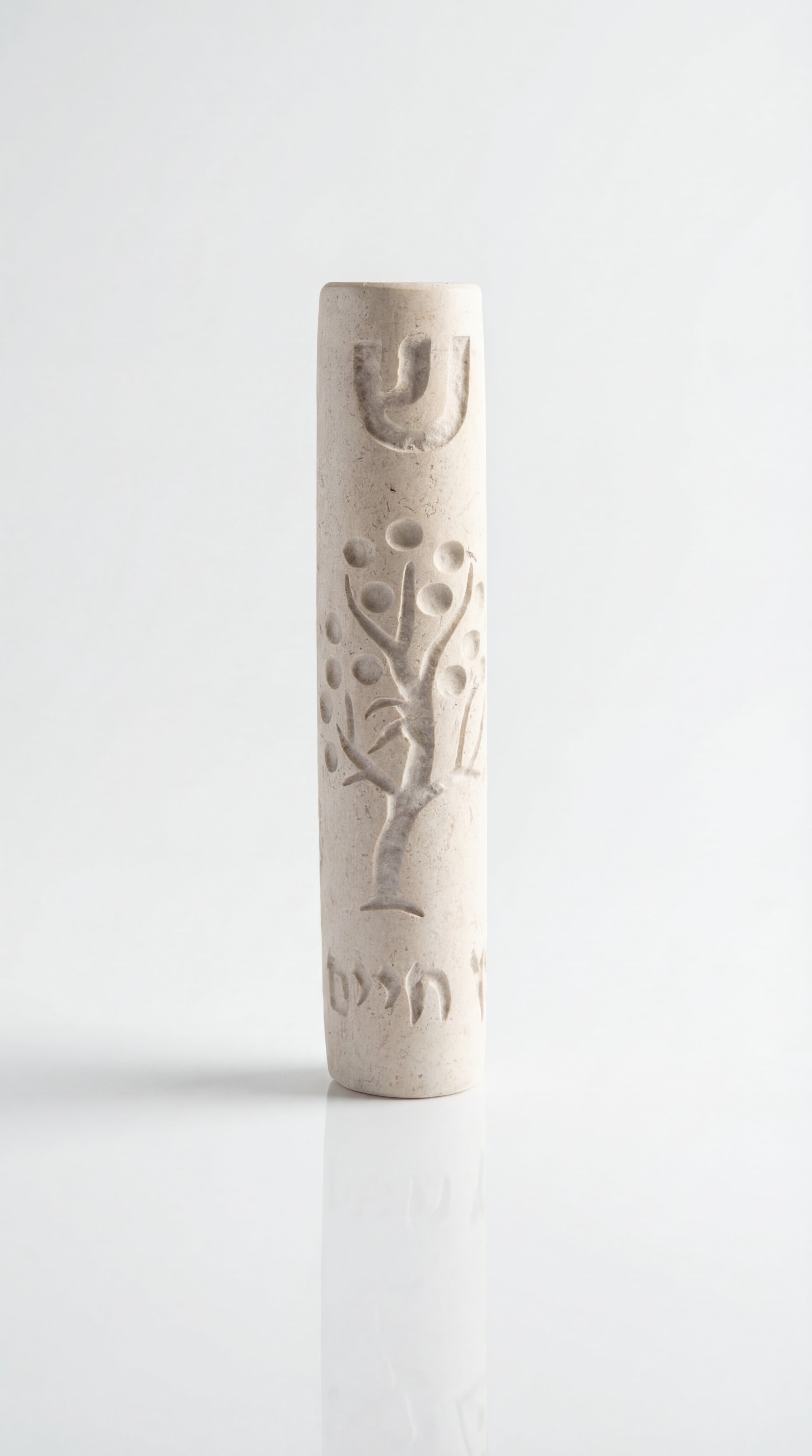 Cream-colored Tree of Life Mezuzah with intricate design for door decor