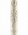 Cream-colored Jerusalem stone Tree of Life Mezuzah with engraved Hebrew letters and decorative motifs, on a white background with a soft reflection.