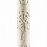 Cream-colored Jerusalem stone Tree of Life Mezuzah with engraved Hebrew letters and decorative motifs, on a white background with a soft reflection.