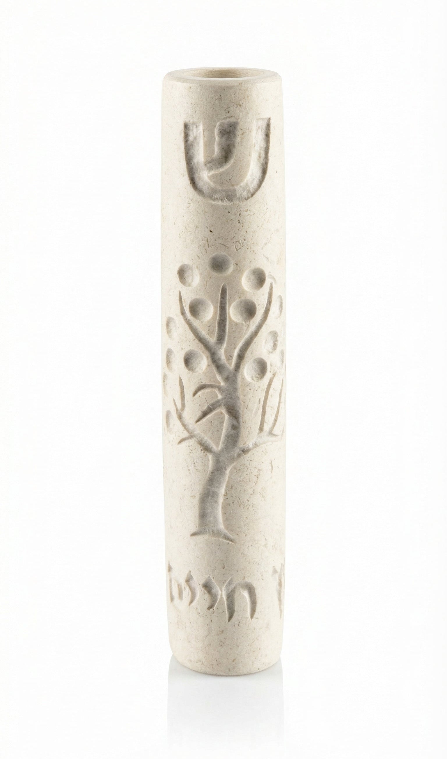 Cream-colored Jerusalem stone Tree of Life Mezuzah with engraved Hebrew letters and decorative motifs, on a white background with a soft reflection.