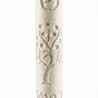 Cream-colored Jerusalem stone Tree of Life Mezuzah with engraved Hebrew letters and decorative motifs, on a white background with a soft reflection.