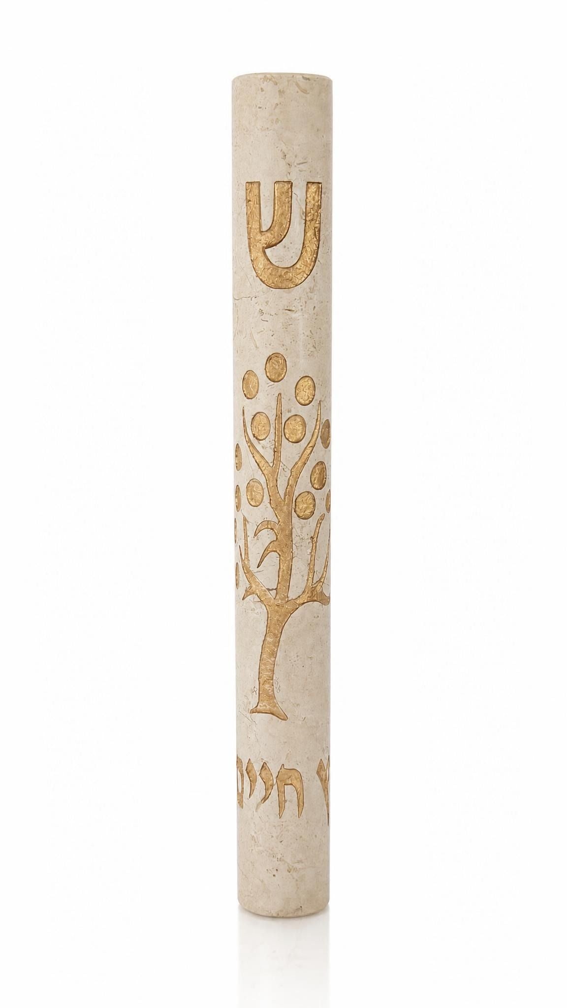 Etz Chaim extra large cream Jerusalem stone mezuzah, 9 inches, with a carved Tree of Life on the face.