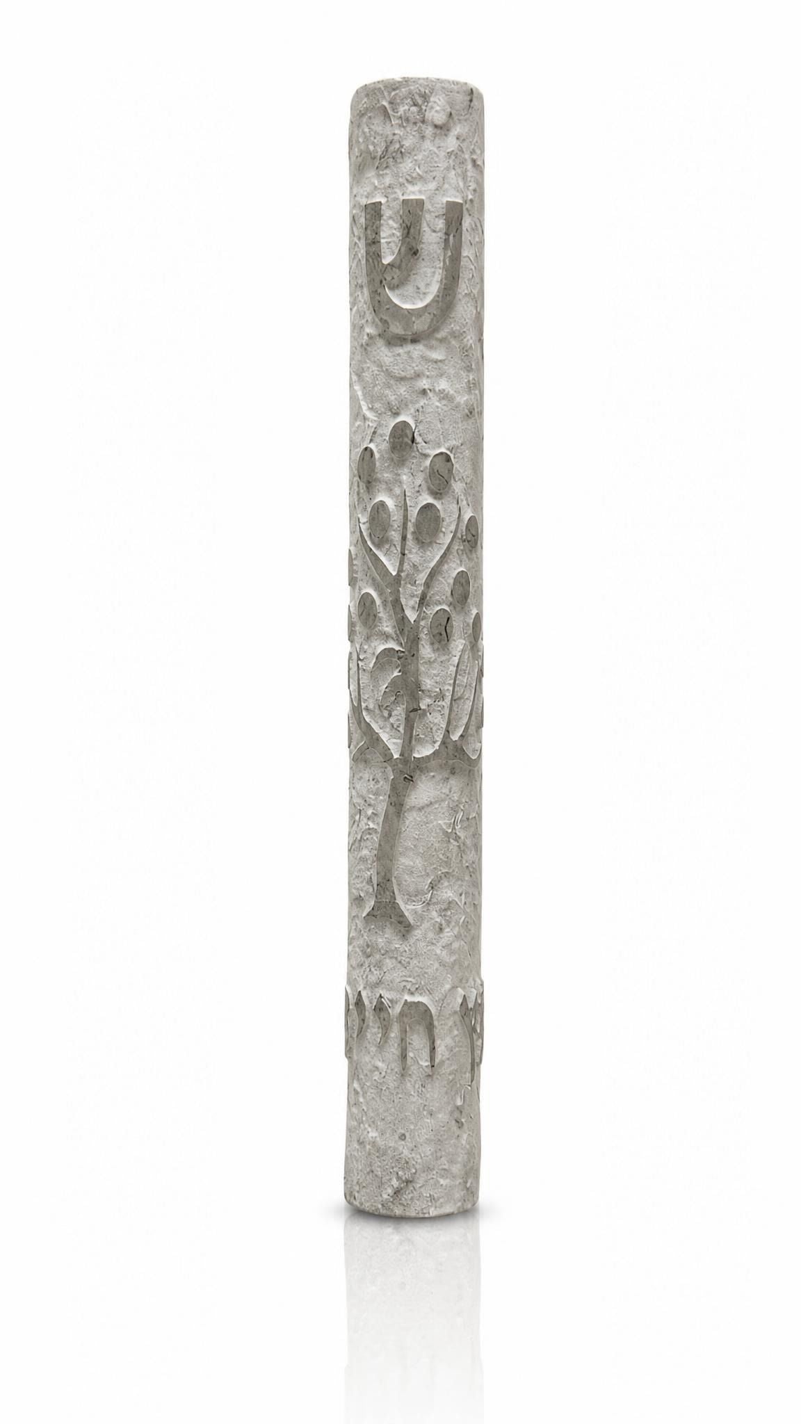 Etz Chaim extra large gray Jerusalem stone mezuzah, 9 inches, carved Tree of Life, shown on white.