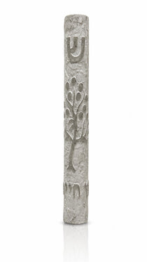 Etz Chaim extra large gray Jerusalem stone mezuzah, 9 inches, carved Tree of Life, shown on white.
