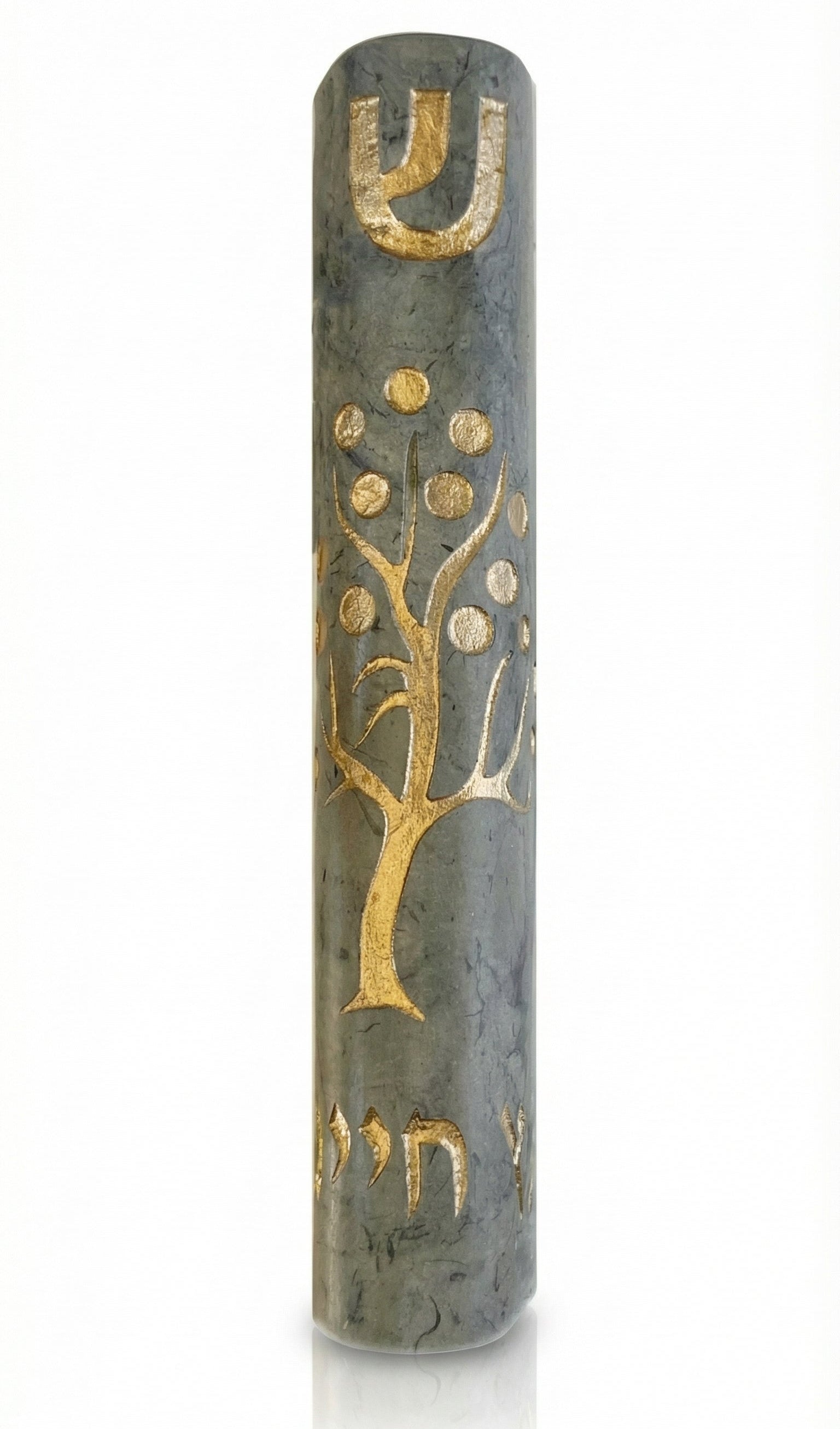 High-resolution Jerusalem Stone Mezuzah featuring vibrant tree of life and Hebrew inscription 'etz chaiim', with natural stone variations and detailed engravings in a clean studio setting.