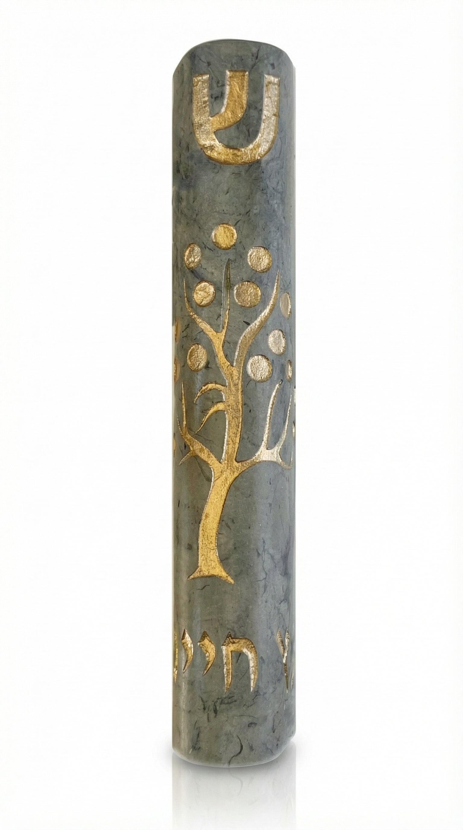 High-resolution Jerusalem Stone Mezuzah featuring vibrant tree of life and Hebrew inscription 'etz chaiim', with natural stone variations and detailed engravings in a clean studio setting.