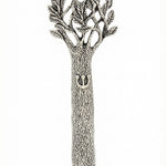 Pewter Tree of Life Mezuzah with detailed Hebrew inscriptions and decorative motifs, displayed on a pure white studio background with soft reflection.