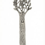 Pewter Tree of Life Mezuzah with detailed Hebrew inscriptions and decorative motifs, displayed on a pure white studio background with soft reflection.