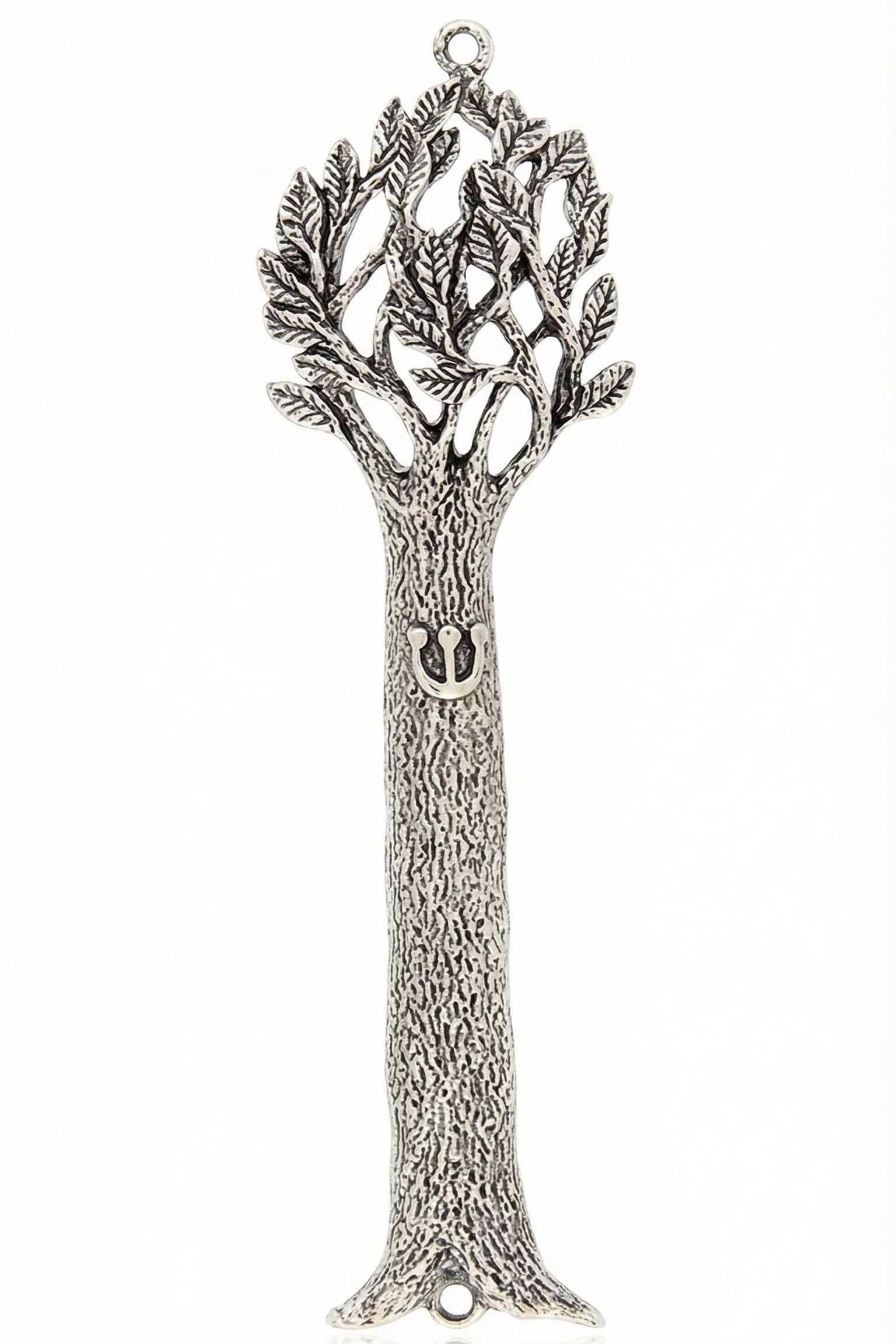 Pewter Tree of Life Mezuzah with detailed Hebrew inscriptions and decorative motifs, displayed on a pure white studio background with soft reflection.