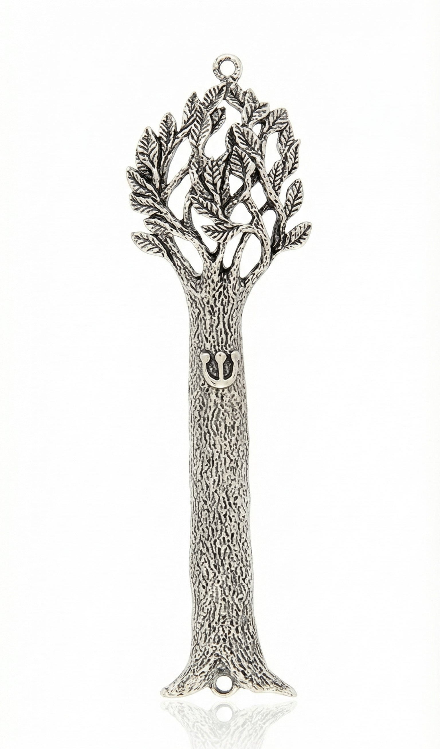 Pewter Tree of Life Mezuzah with detailed Hebrew inscriptions and decorative motifs, displayed on a pure white studio background with soft reflection.