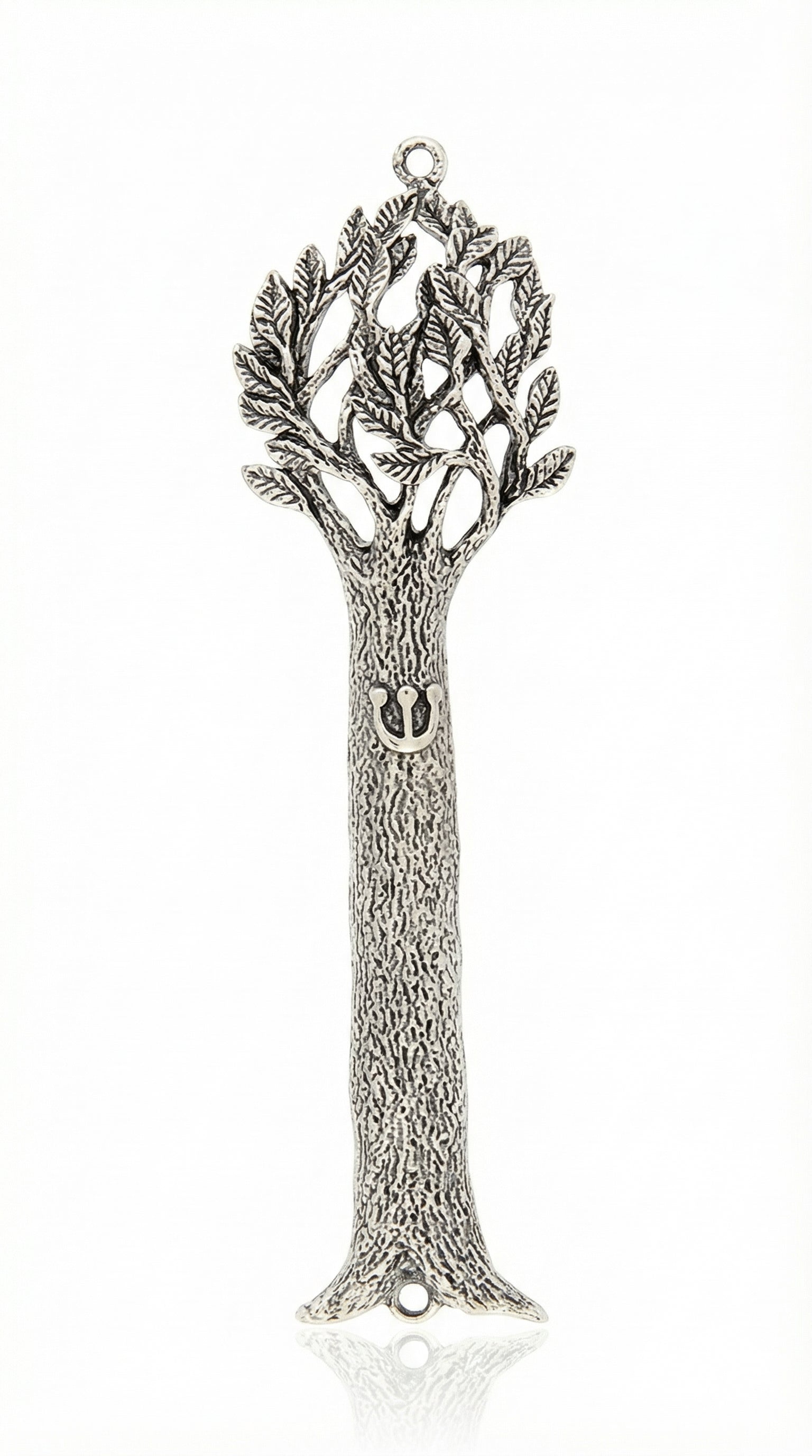 Pewter Tree of Life Mezuzah with detailed Hebrew inscriptions and decorative motifs, displayed on a pure white studio background with soft reflection.