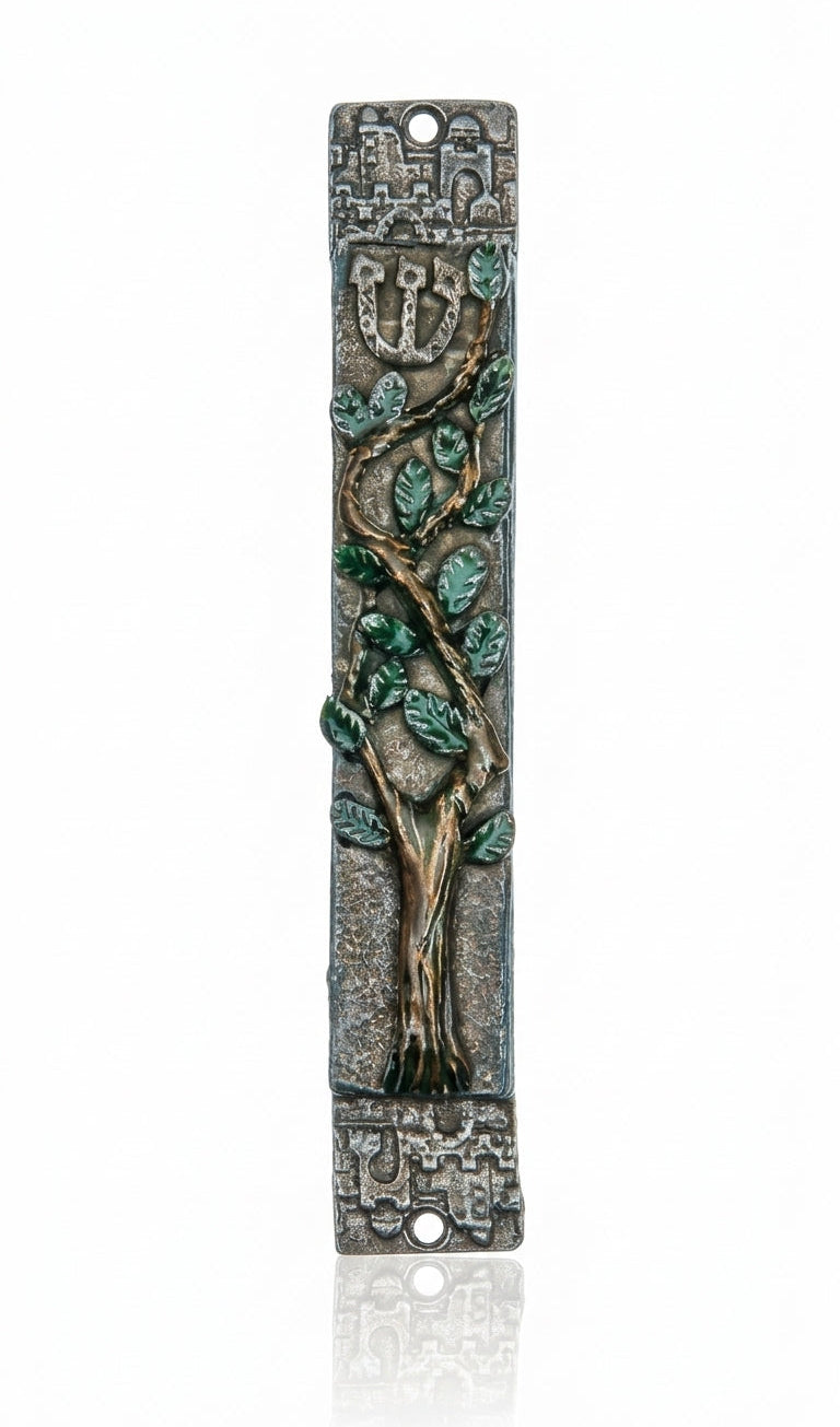 Pewter mezuzah featuring a tree of life and Jerusalem wall imagery, with detailed engravings and decorative motifs, on a bright white background.