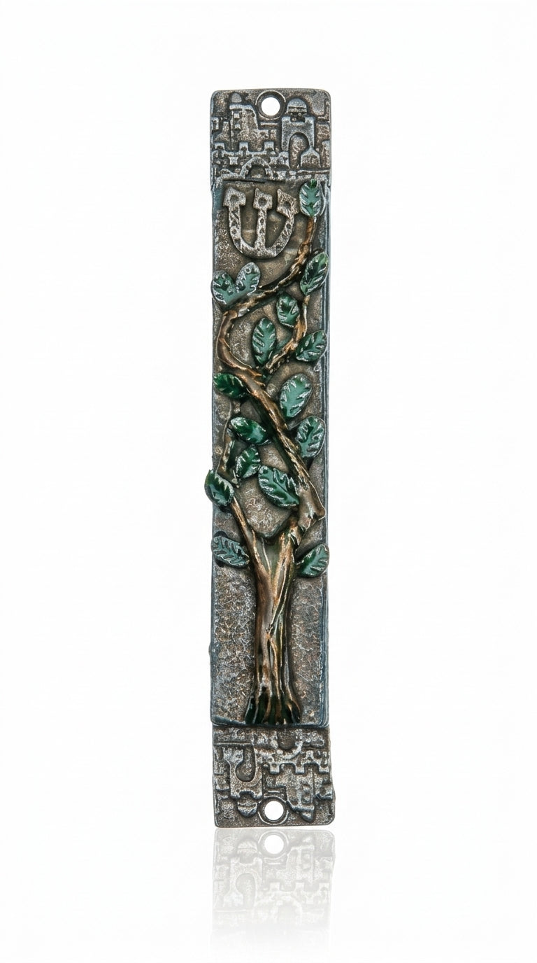 Pewter mezuzah featuring a tree of life and Jerusalem wall imagery, with detailed engravings and decorative motifs, on a bright white background.