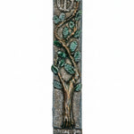 Pewter mezuzah featuring a tree of life and Jerusalem wall imagery, with detailed engravings and decorative motifs, on a bright white background.