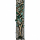 Pewter mezuzah featuring a tree of life and Jerusalem wall imagery, with detailed engravings and decorative motifs, on a bright white background.