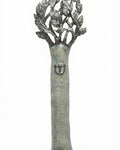 Pewter Tree of Life Mezuzah with pearl enamel detailing, 5-inch size, shown on a white background with soft reflection for e-commerce display.