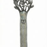 Pewter Tree of Life Mezuzah with pearl enamel detailing, 5-inch size, shown on a white background with soft reflection for e-commerce display.
