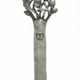 Pewter Tree of Life Mezuzah with pearl enamel detailing, 5-inch size, shown on a white background with soft reflection for e-commerce display.