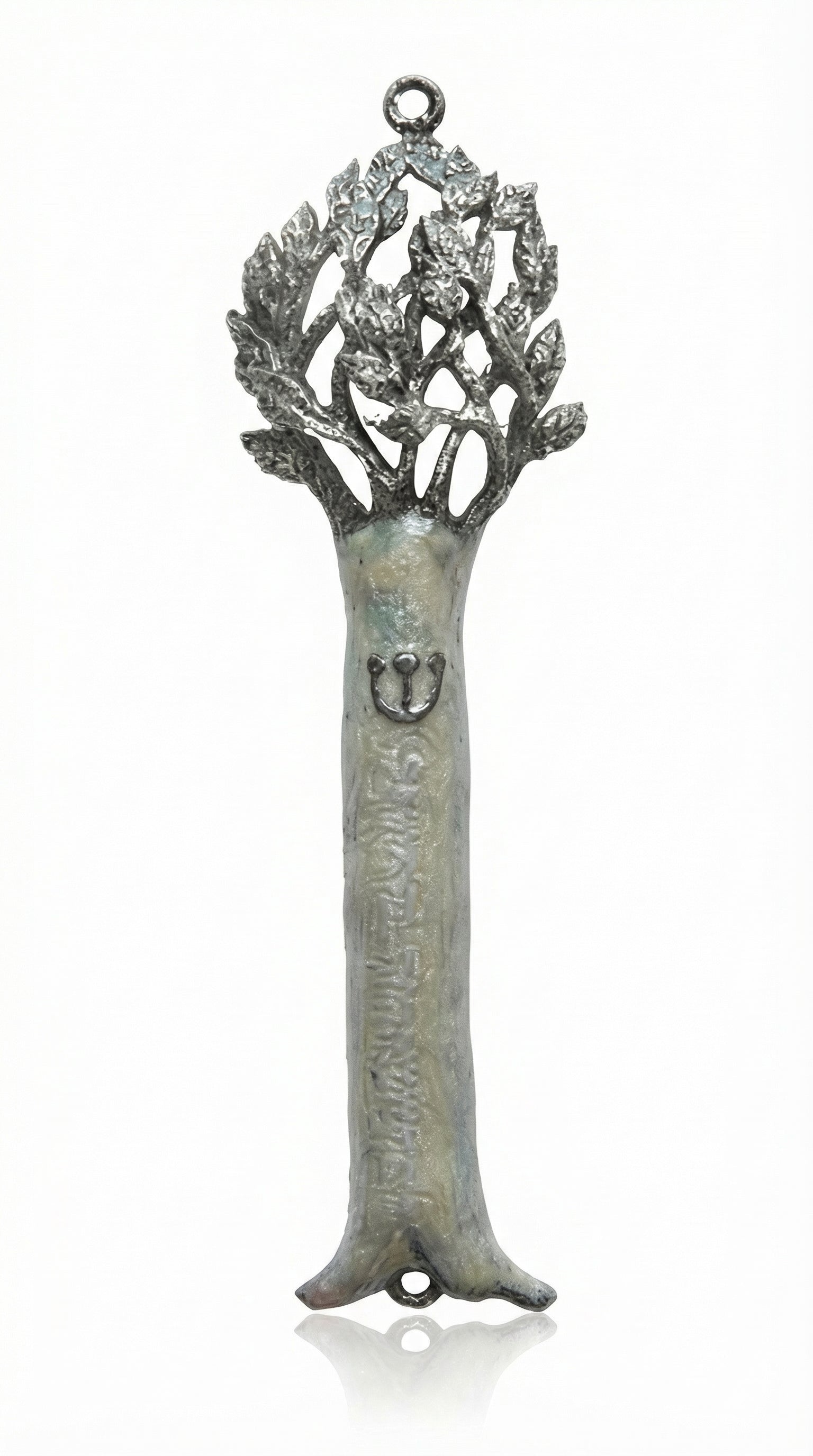 Pewter Tree of Life Mezuzah with pearl enamel detailing, 5-inch size, shown on a white background with soft reflection for e-commerce display.