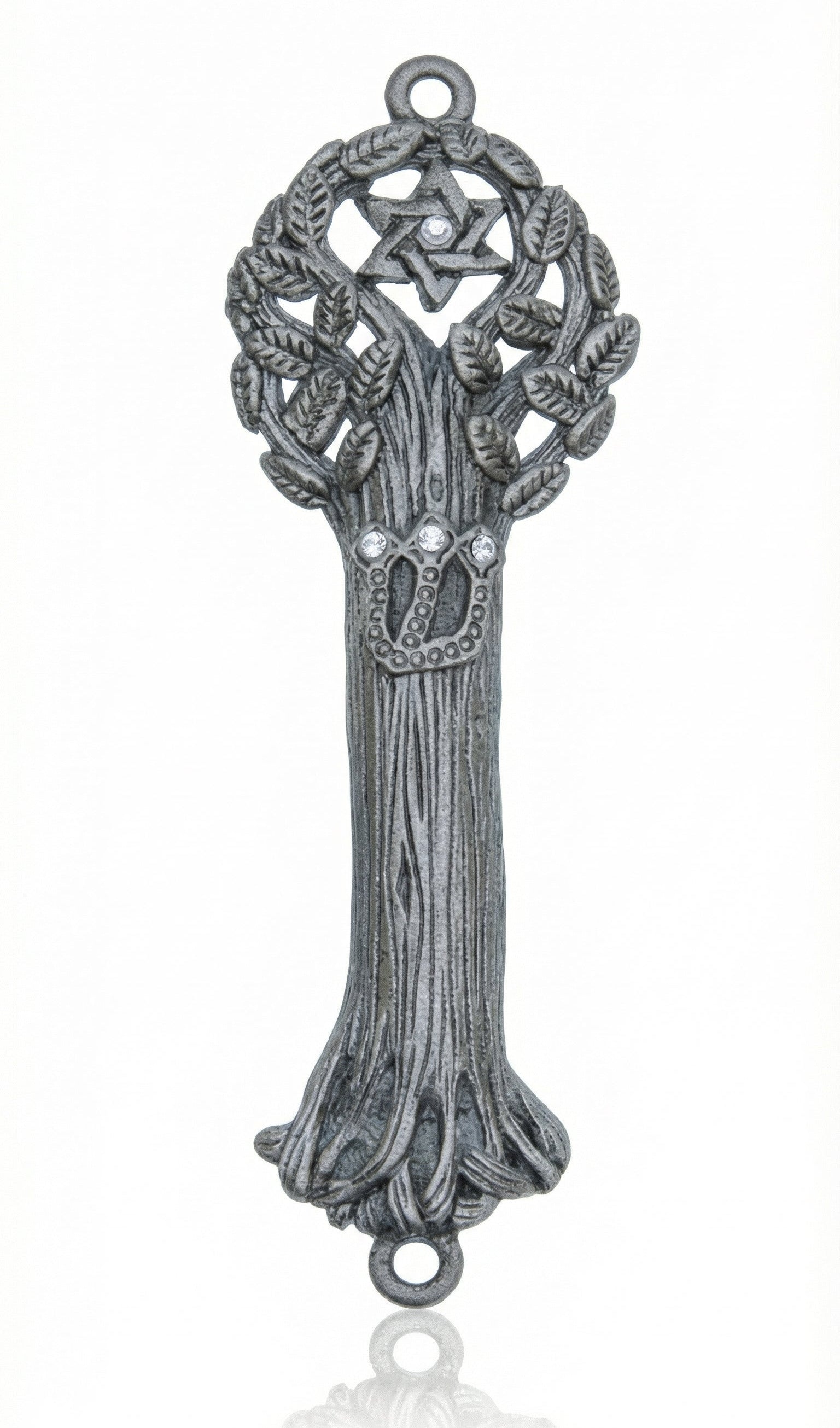 Elegant pewter Tree of Life Mezuzah with Star of David symbol, detailed engravings, and refined craftsmanship, on a clean white studio background.