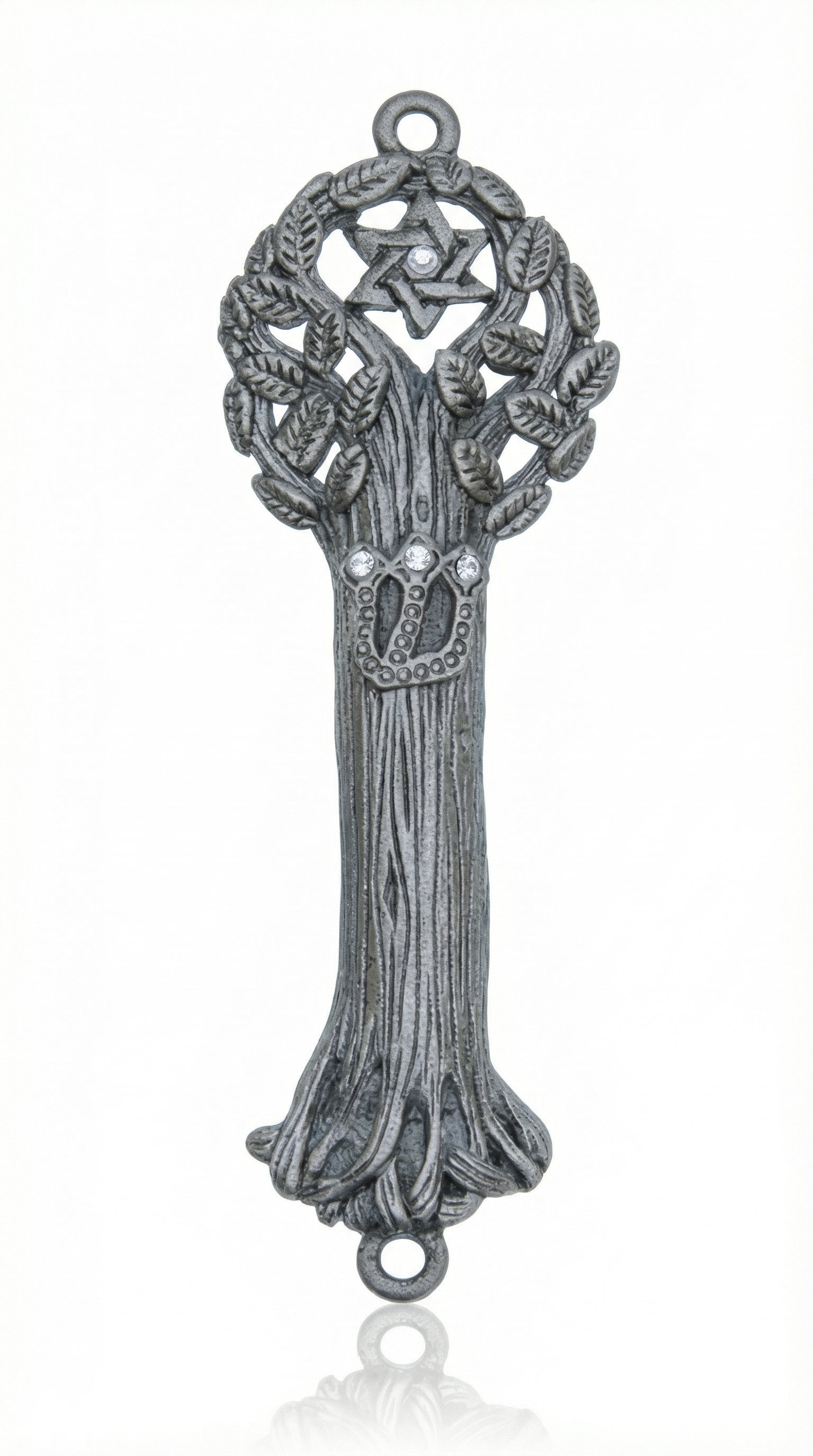Elegant pewter Tree of Life Mezuzah with Star of David symbol, detailed engravings, and refined craftsmanship, on a clean white studio background.