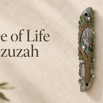 Pewter Tree of Life mezuzah case with green and brown enamel accents for indoor and outdoor doorways.