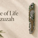 Pewter Tree of Life mezuzah case with green and brown enamel accents for indoor and outdoor doorways.