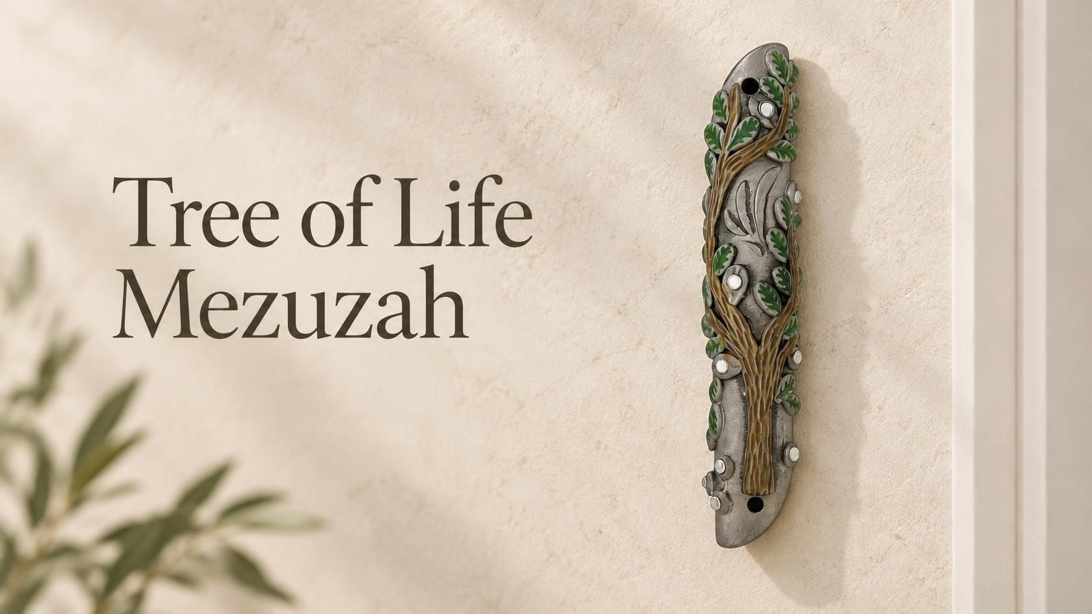 Pewter Tree of Life mezuzah case with green and brown enamel accents for indoor and outdoor doorways.