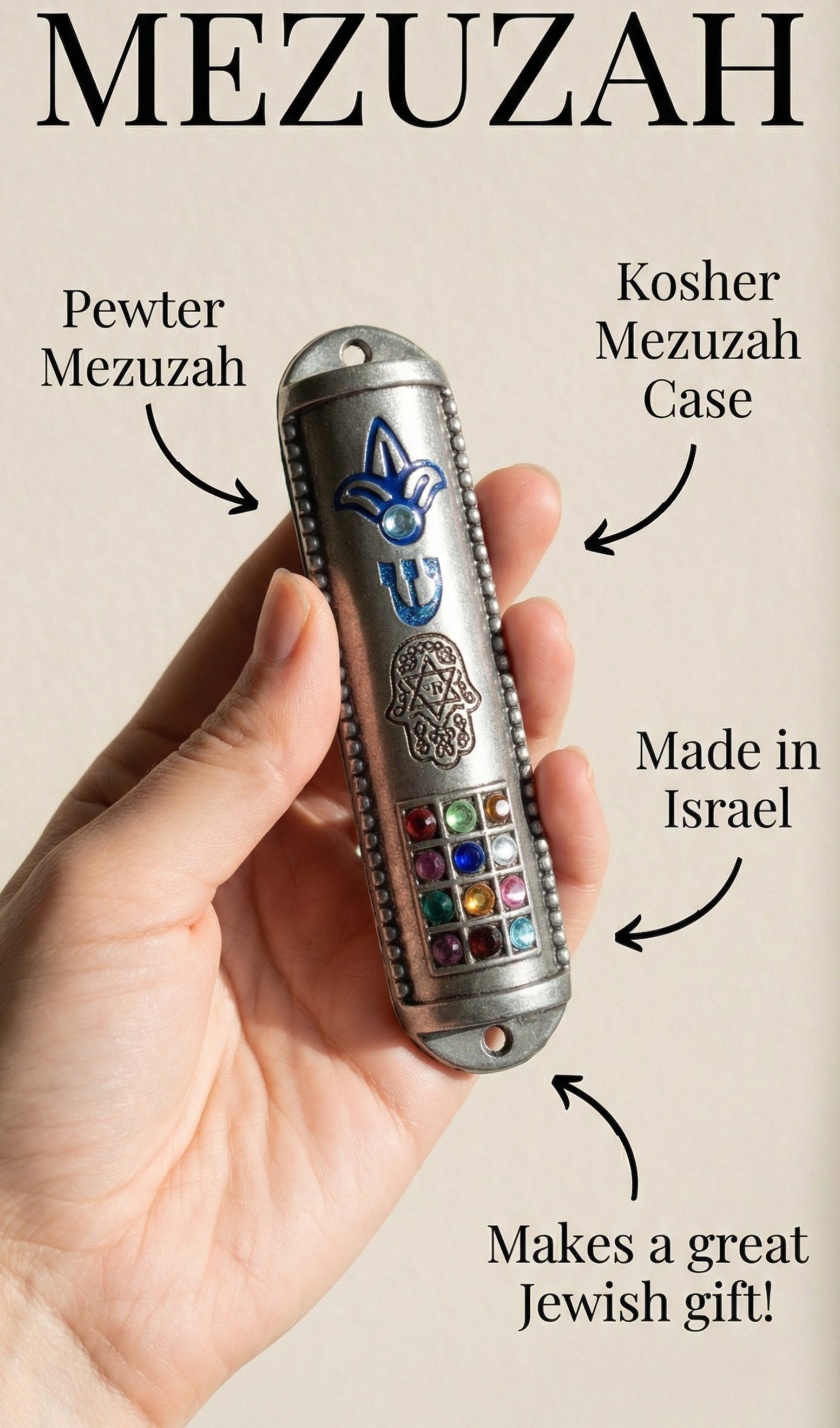 Tribal-inspired Blue Tribes Mezuzah designed for doorpost decoration and symbolic religious protection.