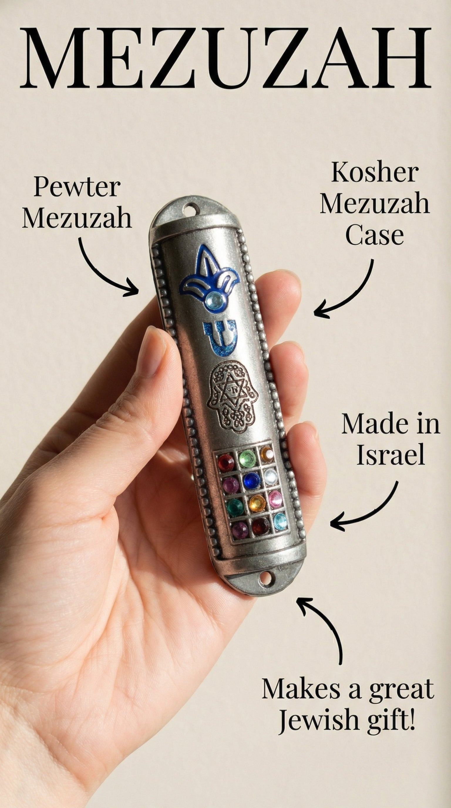 Tribal-inspired Blue Tribes Mezuzah designed for doorpost decoration and symbolic religious protection.