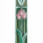 Hand-painted pewter Tulips Mezuzah in brown with pink floral accents, designed for doorposts and home blessing, 4.5 inches tall.