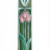 Hand-painted pewter Tulips Mezuzah in brown with pink floral accents, designed for doorposts and home blessing, 4.5 inches tall.