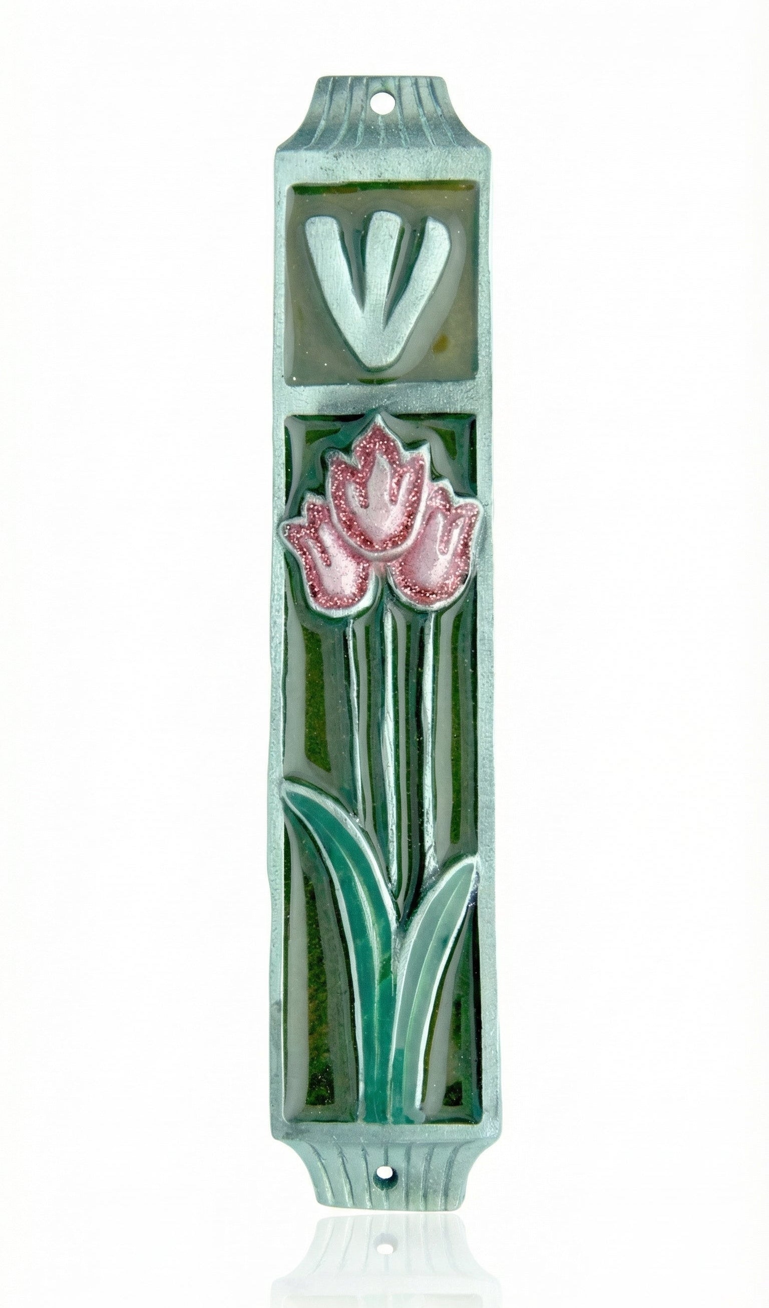 Hand-painted pewter Tulips Mezuzah in brown with pink floral accents, designed for doorposts and home blessing, 4.5 inches tall.