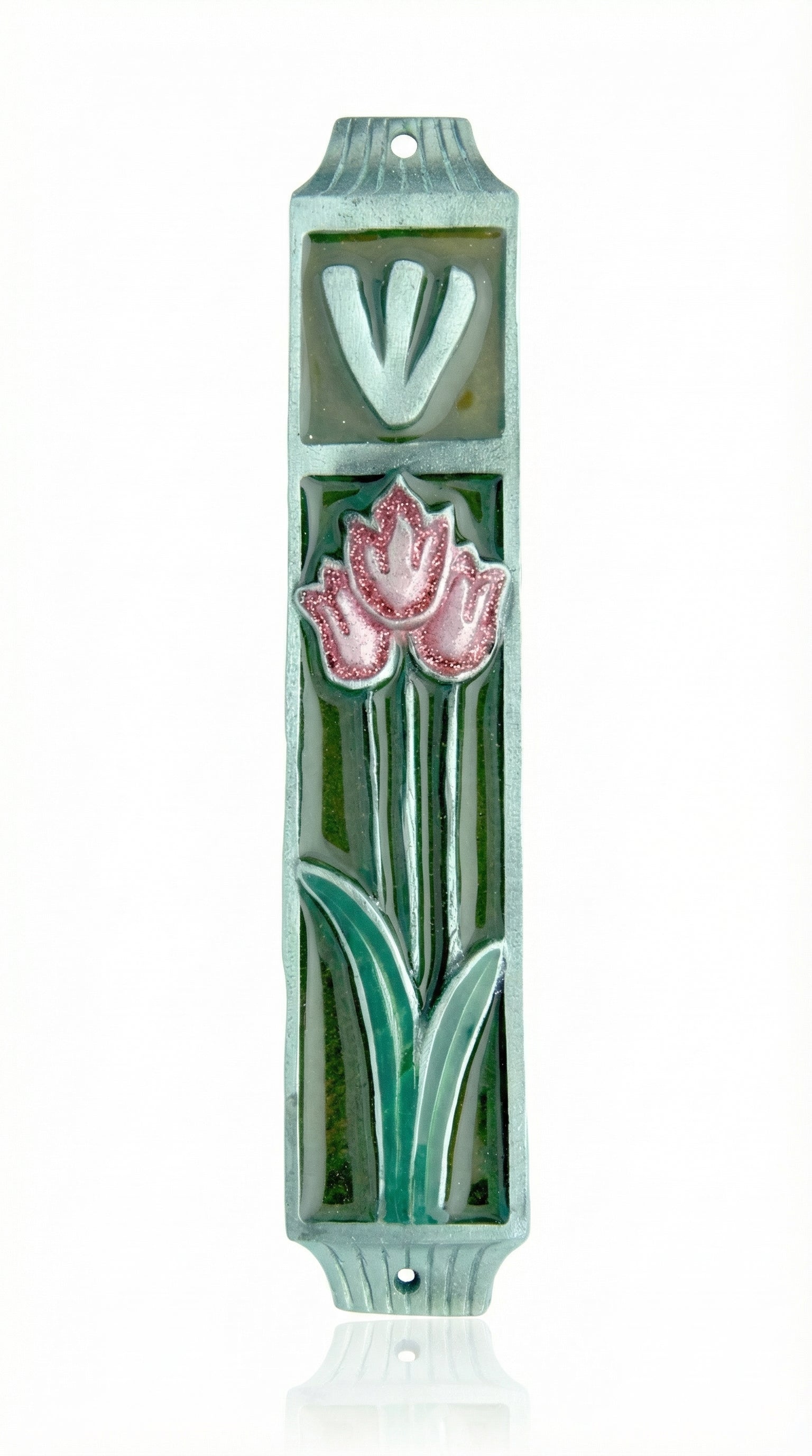 Hand-painted pewter Tulips Mezuzah in brown with pink floral accents, designed for doorposts and home blessing, 4.5 inches tall.