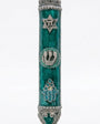 Turquoise Chai Mezuzah made of pewter, hand-painted with enamel, measuring 5.3/8 inches tall, designed for home doorways.