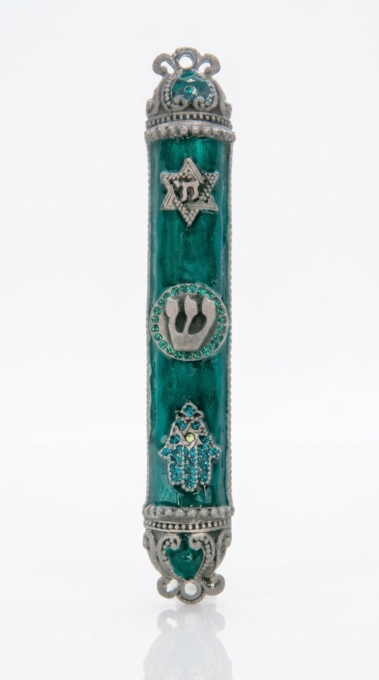 Turquoise Chai Mezuzah made of pewter, hand-painted with enamel, measuring 5.3/8 inches tall, designed for home doorways.