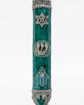 Turquoise Chai Mezuzah made of pewter, hand-painted with enamel, measuring 5.3/8 inches tall, designed for home doorways.