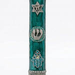 Turquoise Chai Mezuzah made of pewter, hand-painted with enamel, measuring 5.3/8 inches tall, designed for home doorways.