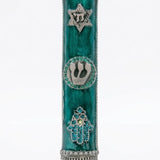 Turquoise Chai Mezuzah made of pewter, hand-painted with enamel, measuring 5.3/8 inches tall, designed for home doorways.